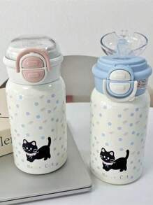 1 pieza Botella de agua para estudiantes, vaso aislado con doble pajita para niños, diseño lindo de estrella, planeta y gato negro, termo portátil de alta calidad