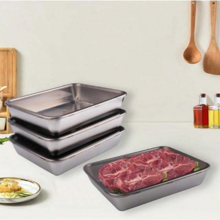 1pc Stainless Steel Food Storage Container - Kitchen Organization Set With Black Transparent Sealed Lid, Stackable, Suitable For Salad, Fruit, BBQ Side Dish Plate - Fruit Plate, Steamed Fish, Baked Fish Plate, For Refrigerator & Freezer