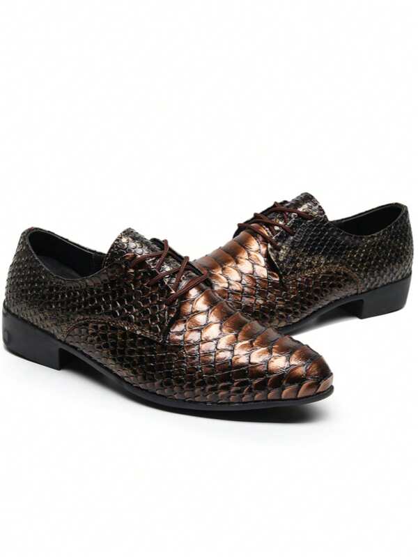 Pointed Toe Leather Shoes For Men, British Style Lacquered Snake Skin Pattern, Formal Lace-Up Dress Shoes For Wedding & Party