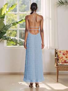 Women's Ruched Bodycon Long Dress Sleeveless Backless Solid Color Dress Cocktail Party Dress - Blue - View 7