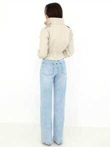 女士时尚短款夹克，时尚短款夹克，新款春秋薄款外套，长袖全拉链纽扣薄款夹克，带口袋，抽绳腰部时尚夹克，机车夹克 - 杏色 - 查看 4