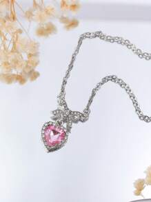 1pc Pink Zirconia Heart & Bow Tie Pendant Necklace, Sweet & Chic Clavicle Chain For Women