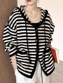 Hooded Long Sleeve Contrast Striped Knit Sweatshirt Sweatshirt, Loose Knitted Jacket, Versatile Top For Autumn/Winter, Random Piece