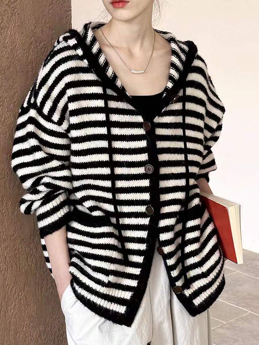 Hooded Long Sleeve Contrast Striped Knit Sweatshirt Sweatshirt, Loose Knitted Jacket, Versatile Top For Autumn/Winter, Random Piece