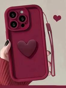 1 pieza Funda de teléfono con forma de corazón de color burdeos a la moda, compatible con iPhone 12/13 Pro Max, Honor X7, Galaxy A56 5G, Smart 8, Hot 40i, Spark 20, Spark 20C, Spark Go 2024, Note 14 5G, E22/E22i, A54, diseño minimalista con correa de muñeca, adecuado para uso diario y transporte al aire libre - Vino tinto - Ver 3