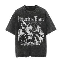 Attack Onss Titan Retro Washed Vintage Printed T-Shirt Short Sleeve Top Street Neutral Attack Giant Summer Men's New Casual Loose - 黑色 - 查看 1