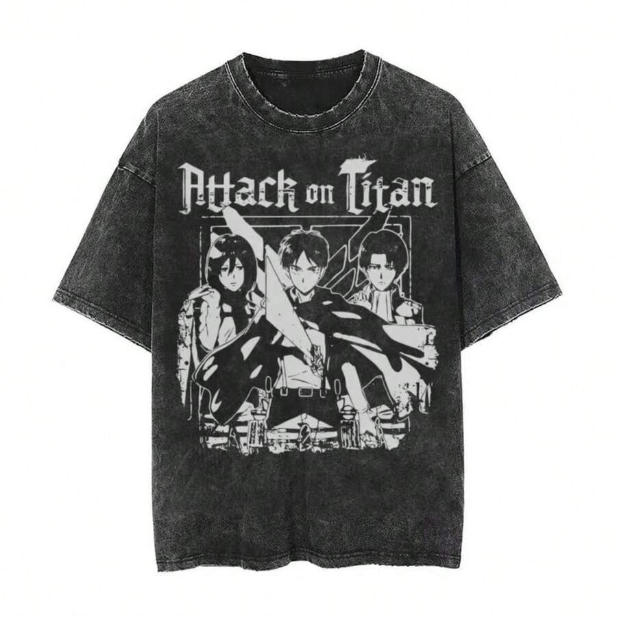 Attack Onss Titan Retro Washed Vintage Printed T-Shirt Short Sleeve Top Street Neutral Attack Giant Summer Men's New Casual Loose - 黑色 - 查看 1