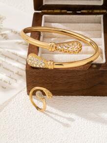Set de 2 piezas de brazalete y anillo con diseño de serpiente de strass de lujo para mujeres, adecuado para eventos nocturnos o citas