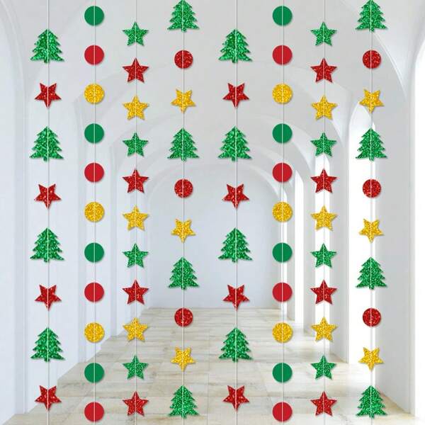 1pc Christmas Decoration Pull Flags, Christmas Tree, Star, Round Piece Style Banner Garland, Christmas Party Background Decoration Pull Flower, Suitable For Christmas Party Background Decoration, Winter Theme Party Decoration, Holiday Celebration Decoration Supplies