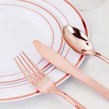 WDF160 Piece Rose Gold Disposable Cutlery Set - Heavyweight Plastic Silverware - Includes 80 Forks, 40 Spoons, 40 Knives - Rose Gold Silverware Perfect For Wedding/Party,9001079 - 金色 - 查看 5