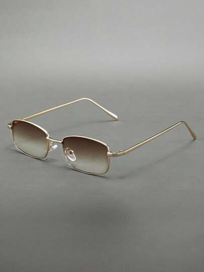 1pc Retro Narrow Frame Rectangular Gold Silk Fade Tea Sheet High Texture Handsome Glasses Men's Women's Fashion Glasses Suitable For Summer Beach Campfire Party, Gifts, Retro Street Style, Driving, Sun Protection, Outdoor Travel, Party, Stage Show Travel Accessories Beach Shade Back To School Season Teacher Eyewear Accessories