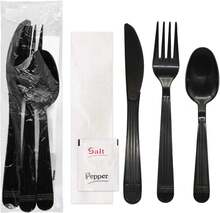 Individually Wrapped Plastic Cutlery Packets/Heavy Duty Silverware Kits, Fork/Spoon/Knife/Napkin/Salt/Pepper, 50 Utensils Sets, Black,9009833 - Black - View 1