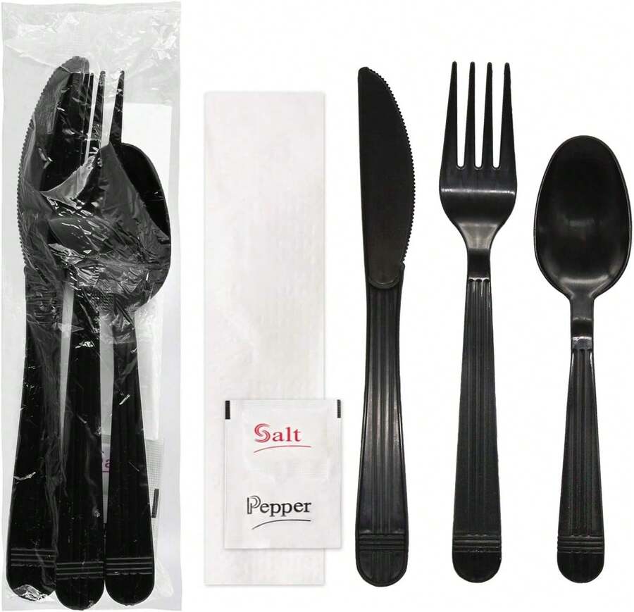 Individually Wrapped Plastic Cutlery Packets/Heavy Duty Silverware Kits, Fork/Spoon/Knife/Napkin/Salt/Pepper, 50 Utensils Sets, Black,9009833 - Black - View 1