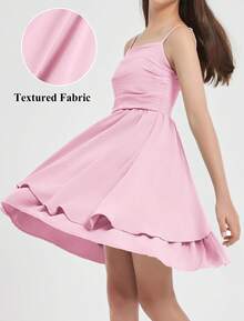EXARUS Vestido corto informal de verano con tirantes finos ajustables y fruncido con dobladillo abullonado para niñas - Rosa - Ver 3