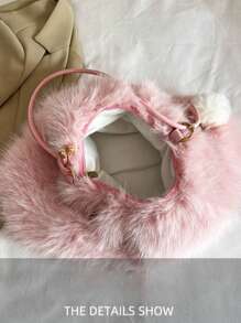 حقيبة خياطة كبيرة السعة بسحاب، تصميم سلسلة مزخرفة بالفرو الاصطناعي وتصميم نطافة، حقيبة كتف/ إبطية نمطية بسيطة مع زخارف صغيرة، مناسبة للاستخدام اليومي للنساء