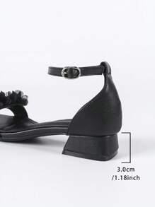 3cm Women's Black Low Heel Square Toe Bridal Sandals With Elegant Faux Pearl Flower Decor, Fashionable & Comfortable
