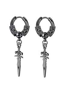 Fashionable & Stylish Collection: Black Personalized Hiphop Earrings, Long Earrings, Stainless Steel Vintage Dragon Pattern Sword Pendant Earrings & Ear Clips - Silver - View 6