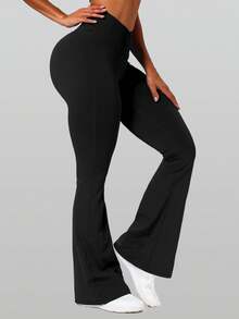 Flare Leggings, Crossover Yoga Pants With Tummy Control, High-Waisted And Wide Leg,Women's High Waist Solid Color Flared Pants Sports Yoga Pants Compression Leggings Running Fitness Pants, Women's Clothing, Women's Leggings, Women's  TrousersIt Is Suitable For Outdoor Sports, Indoor Yoga And Street Shopping - 黑色 - 查看 4