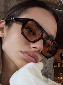 复古方形高端时尚眼镜，时尚经典装饰海洋镜片眼镜，适合日常佩戴、户外、旅行、海滩飞行员形状太阳镜 - 豹紋茶 - 查看 3