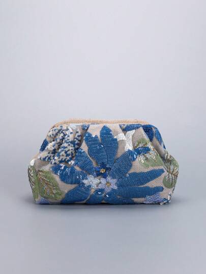 Paljettbroderad blommig kuvertväska med veckad design, damernas avslappnade kuvertväska, trendig och glamorös aftonväska, lämplig för fester och pendling (slumpmässig mönsterplacering)