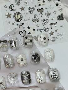 1 张朋克风格 3D 浮雕美甲贴纸 - 天体和心形设计，带有星星、月亮、心形 - 自粘聚氨酯贴花，适合 DIY 美甲， - 銀色 - 查看 4