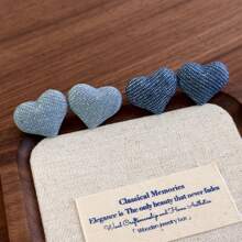 1 件复古面料牛仔蓝心形耳钉，简约优雅百搭耳环，韩式风格