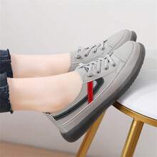 女士软底休闲乐福鞋，白色一脚蹬运动鞋，橡胶外底平底帆布鞋，春秋季 - 灰色 - 查看 2