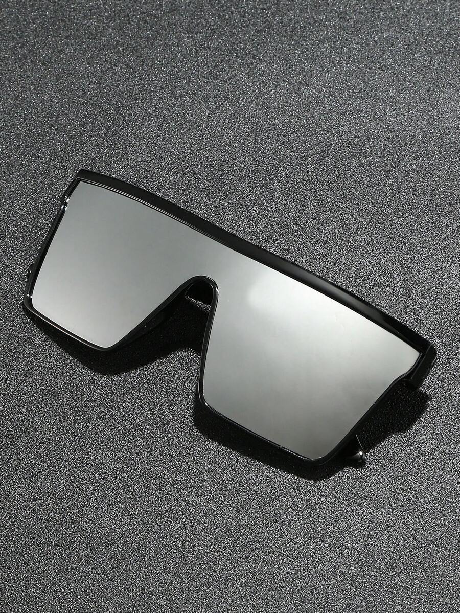 1副女士时尚方形眼镜，新款Y2K风格盾形太阳镜 - 1PC中盒時尚黑框白水銀光板 - 查看 1