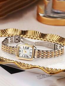 ساعة نسائية كوارتز موضة، تصميم قرص مبسط مربع، مطلية بالذهب عالية الجودة، سوار من الفولاذ المقاوم للصدأ، مناسبة للارتداء اليومي، عيد الميلاد، هدية للنساء، ذكرى السنوية، عروض نهاية العام، عيد العزاب، عروض هالوين، بدون علبة هدية - الذهبي - مشاهدة 4