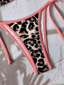 Women's Backless Leopard Print Patchwork Bikini Set (Top And Bottom), Casual Summer - Coral Pink - View 6