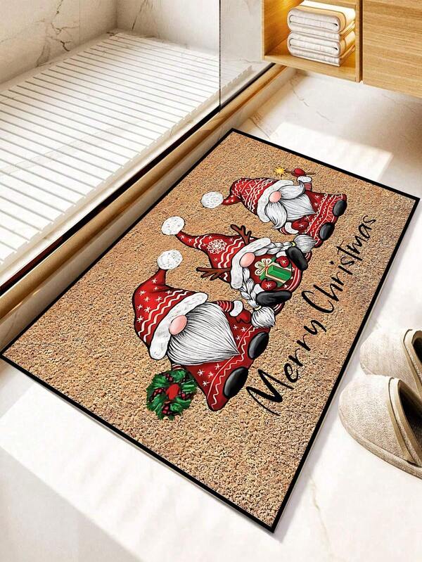 1pc Christmas Three Dwarfs Carrying Gifts Celebration Pattern Doormat, Holiday Style Washable Polyester Fiber Mat, Suitable For Living Room, Kitchen, Bedroom, Entryway, Home Decor, Room Decor, All Season Christmas Decorations  Christmas Decor  Wall Decor