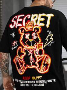 Manfinity Roghcode Men's Loose Fit T-Shirt With Slogan And Cartoon Graphic - Black - View 6