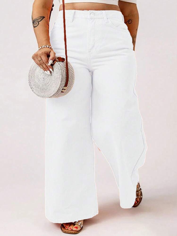 Plus Size Women's Casual Solid Color Wide Leg Pants, Suitable For Daily Commute And Back To School Wear - White - View 5