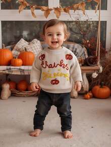 Toddler Baby Thanksgiving Sweater Pumpkin Letter Embroidered Crewneck Long Sleeve Pullover Chunky Knit Tops - 卡其色 - 查看 4