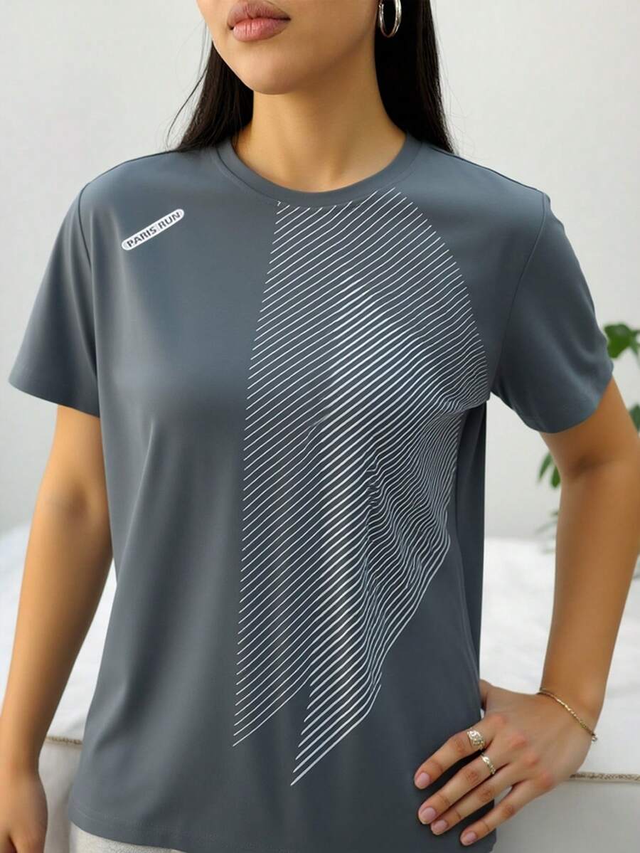 女款條紋冰絲圓領短袖彈性吸汗T恤跑步上衣 - 灰色 - 查看 1