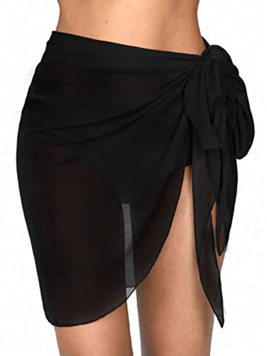 Women's Short Chiffon Beach Sarong Wrap Skirt, Sheer Swimsuit Cover Up Outer Wear