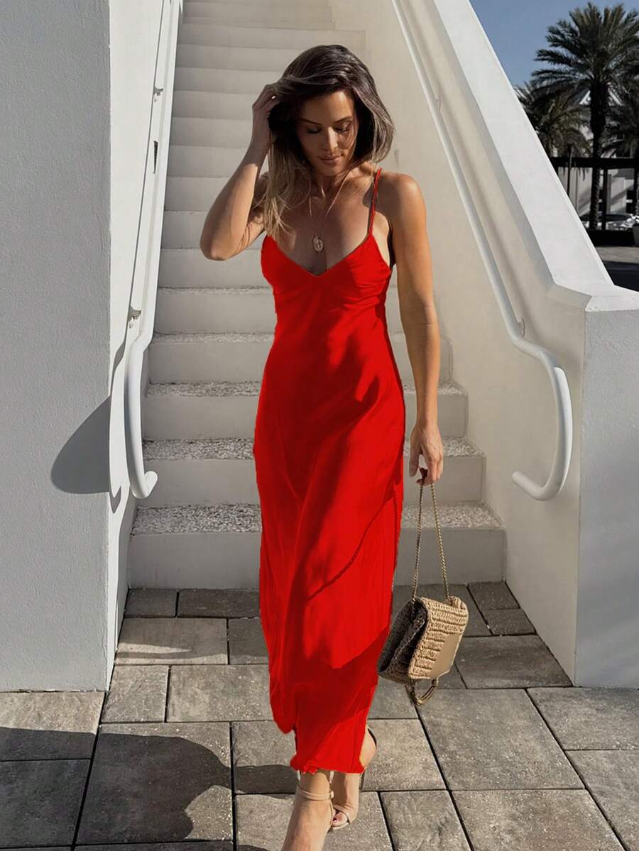 SHIBASHAN 性感缎面吊带V领长款连衣裙，女士时尚细肩带露背修身派对礼服