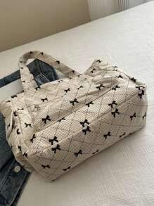1 Fashionable Contrasting Color Bow Printed Shoulder Bag, Simple And Lightweight, Multiple Pockets, Single Shoulder Tote Bag