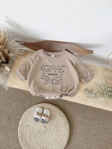 INS 婴儿男女童休闲恐龙刺绣棕色长袖连体衣，春秋季