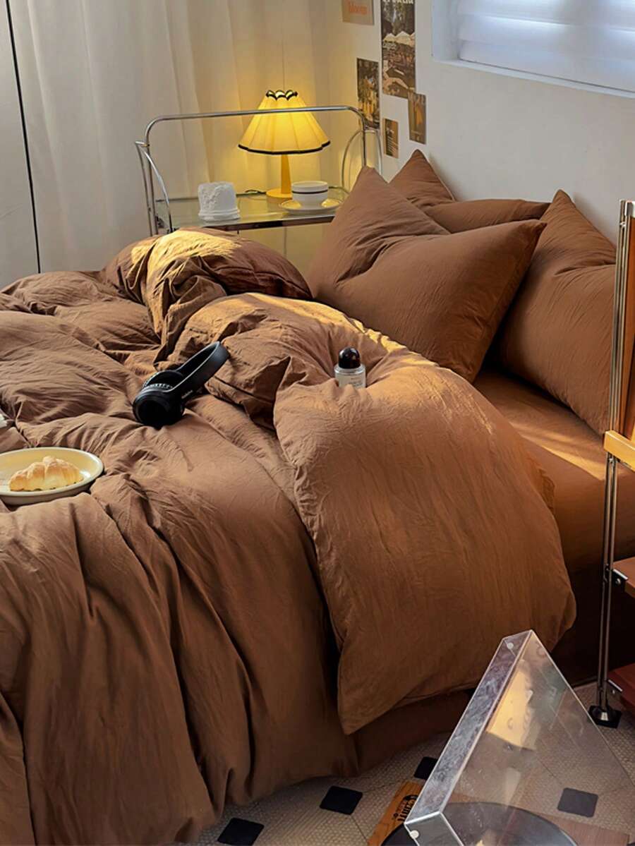 3pcs Solid Color Washed 100% Cotton Soft Bedding Set - Brown - View 1