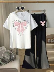 2pcs Girls Girly Two Pieces Set, Bow Slogan Tee And Flare Pants, Cute For Casual Wear/School - White - View 2