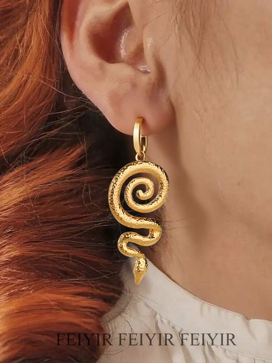 女士复古蛇形吊坠不锈钢耳环，18k 镀金防褪色环形耳环，派对婚礼珠宝度假配饰，万圣节圣诞节礼物 - 多款 - 查看 1