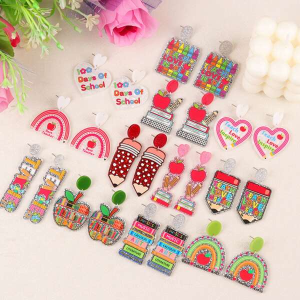 4pcs/2pcs Colorful Pencil, Book Acrylic Stud Earrings, Cartoon Dangle Earrings, Teacher's Day, Graduation, Back To School, Fashion Earrings For Party, Street, Vacation, Work, Daily Wear