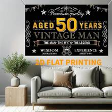 2D 1pc New Year Men's Happy 50th Birthday Banner Decor, Black & Gold Vintage 50 Years Old Birthday Backdrop Sign Party Supplies, 50th Birthday Party Photo Background Poster