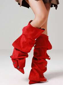 Fashion Red Boots Women's Knee High Boots Pointed Toe High Heels Wide Calf Ruched Slouchy Stiletto Shoes Detachable Snap-Off Panel Mid Calf Boots - 紅色絨面革 - 查看 5