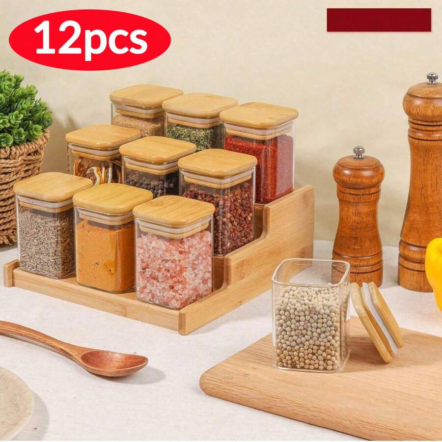 12pcs Clear Glass Jars, Glass Condiment Jar, Spice Container - Perfect For Tea, Coffee, Spice, Candy Storage - Includes Labels And Markers For Easy Organization - Ideal Kitchen Gadgets And Party Supplies