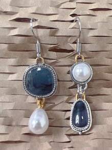 1 对复古几何珐琅珍珠耳环，创意不对称双色金属手工吊坠耳环