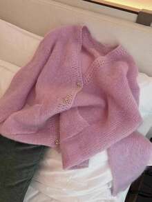 Casual Mohair Solid Color Knit Front Button Hollow Long Sleeve Sweater, Suitable For Everyday And Dates In Spring/Autumn - Purple - View 5