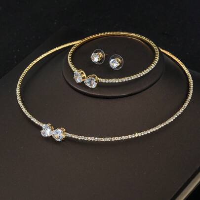 4pcs/Set Rhinestone Jewelry Sets Including Necklace, Earrings And Bracelet