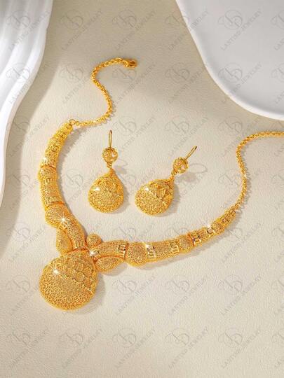 New! 24K Gold Plated Geometric Teardrop Earrings And Necklace Set, Elegant Jewelry Set For Women, Suitable For Party, Wedding, Anniversary Dress Up Or Casual Daily Wear